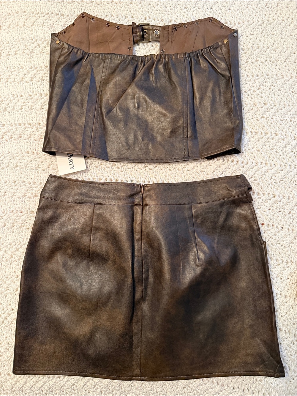 Sister Party Studded Brown Faux Leather Corset Top & Mini Skirt Set - Picture 3 of 5